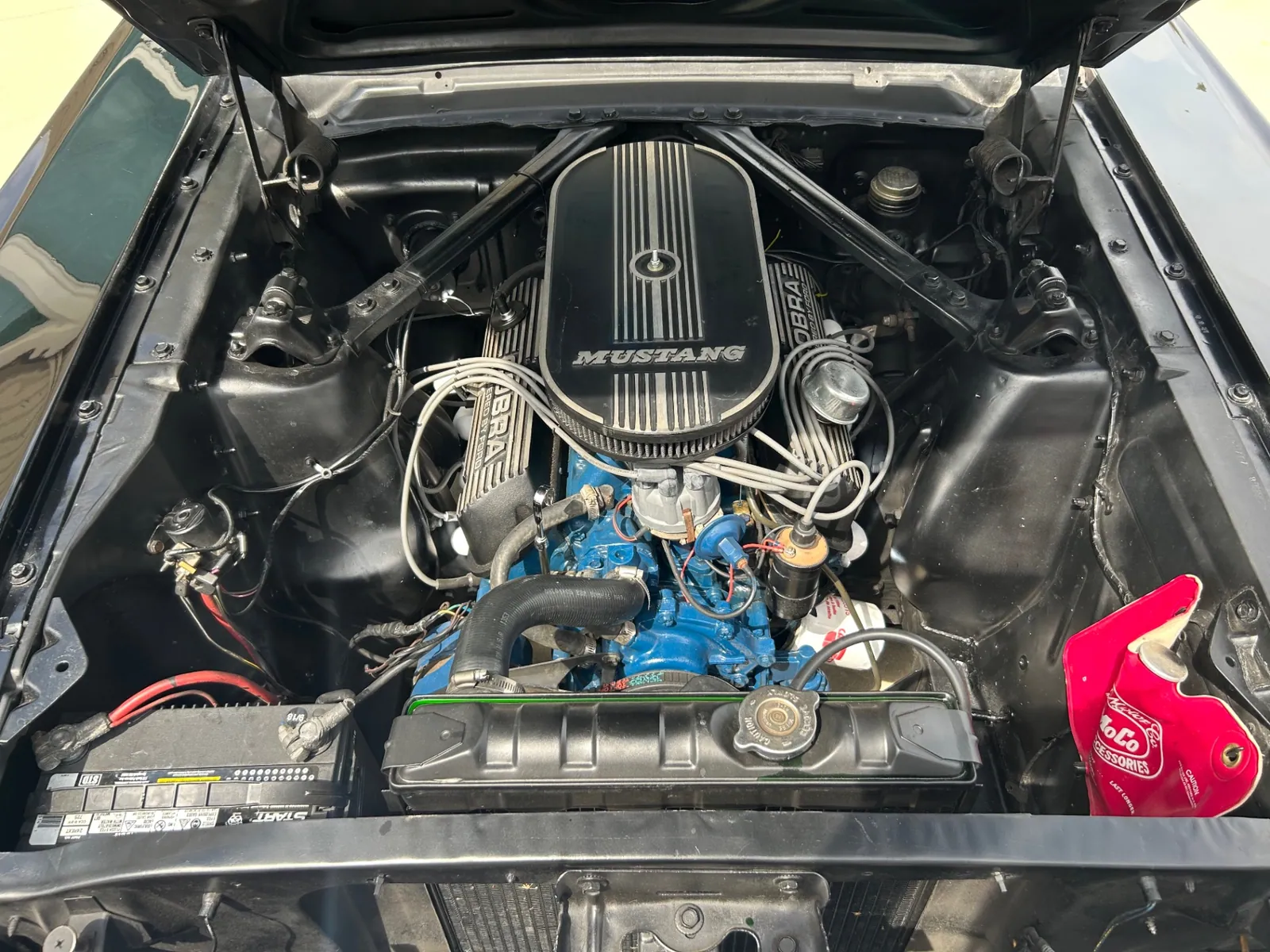Engine bay of the 1965 Ford Mustang